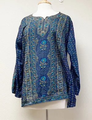 Boho Blue Green Paisley Print Bell Sleeve Tunic Top Est XL thumbnail 1