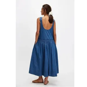 Free People XL Retro 90s Soraya Light Denim Sky Drop Waist Midi Jumper Dress thumbnail 7