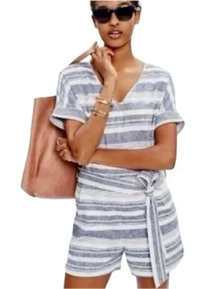MADEWELL Size-M Romper Perimeter Striped Linen Blend Navy Blue Belted thumbnail 1