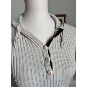 Y2K Ribbed Henley Hoodie Vintage Style Oatmeal Beige Long Sleeve Knit Top Small thumbnail 2