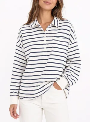Aerie Women's Navy White Striped Long Sleeve Polo Shirt Cotton Relaxed XS thumbnail 1
