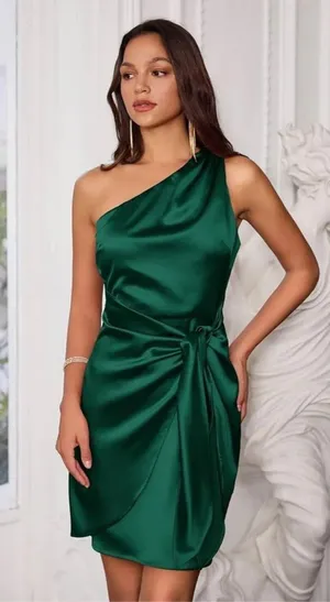 Grace Karin emerald green satin one shoulder tie dress thumbnail 2