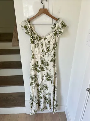 Reformation Butterfly Off-The-Shoulder Midi Dress in Green Floral thumbnail 3