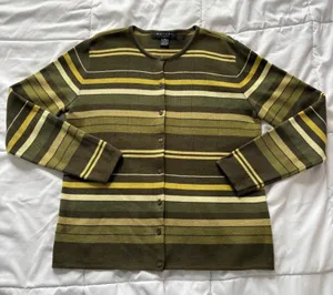 Vintage Rafael Sport Olive Green Striped Wool Cardigan Sweater Medium Streetwear thumbnail 1