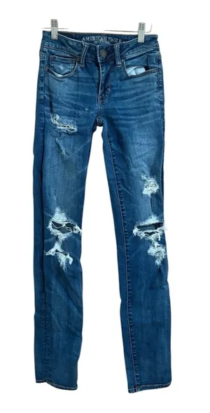 American Eagle Super Stretch Size 00 LONG Distressed Skinny Jeans thumbnail 1