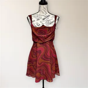 For Love & Lemons Eleanor Red Swirl Print Cowl Chiffon Mini Dress Homecoming NWT thumbnail 2