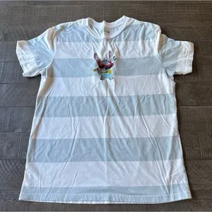 Disney Stitch Women's Light Blue White Stripped Stitch embroidered Tee Size M‎ thumbnail 1