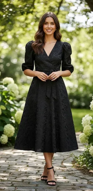 FRNCH Paris Noely Woven Dress Black Floral Jacquard Wrap Midi Medium NWT thumbnail 1