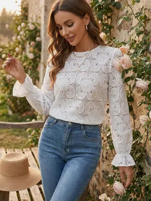 CUPSHE Women’s Small White Floral Lace Long Sleeve Blouse Top Boho Romantic thumbnail 4