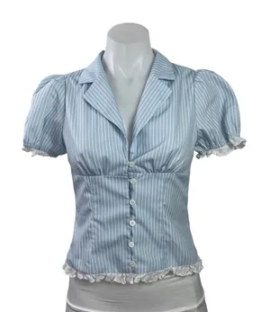 Peppermayo Blue Stripe Short Puff Sleeve Ruffle Crop Button Up Shirt Top Size XS thumbnail 1