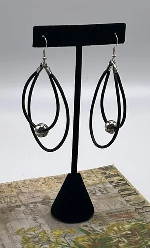 Double Leather Corded Dangling Earrings w/ Silver-Tone Bead Choice of Closure thumbnail 1