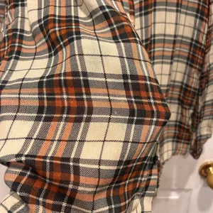 Mango MNG Womens Plaid Ruffle V-Neck Blouse Orange Black‎ Wool Blend 8 Academia thumbnail 9