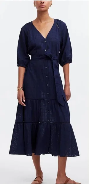 Madewell Tie-Waist Tiered Midi Dress in‎ Windowpane Sz 6 thumbnail 1