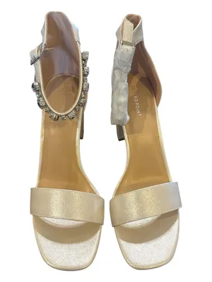 Women's Champagne Satin Block Heel Sandals with Crystal Ankle Strap thumbnail 2