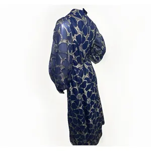 VTG CLIFTON WILHITE 18 Blue Metallic Floral Long Sleeve Gown Couture Dress thumbnail 6