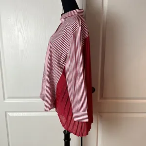 Laurie Felt Los Angeles Red Stripe Pleated Button Up Blouse Preppy Nautical thumbnail 2
