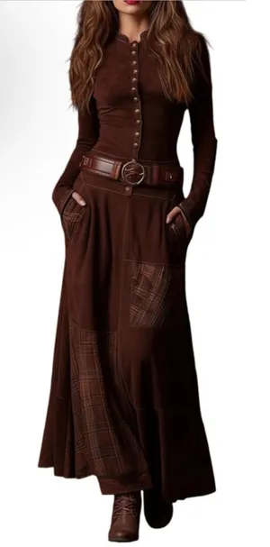 NEW Faux Suede Plaid Long Sleeve Button Dress Pockets NO BELT M thumbnail 1