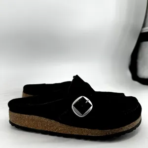 Birkenstock Buckley Clogs Moccasin Suede Cork Adjustable Buckle Black 5 thumbnail 4