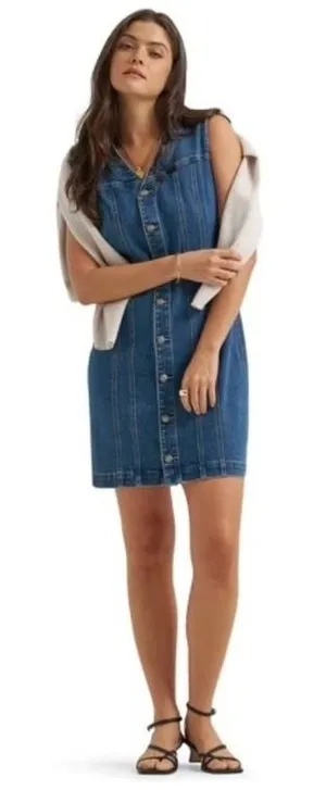 Lee Women's Size Large Heritage Sleeveless Rider Denim Dress V-Neck Button Front thumbnail 1