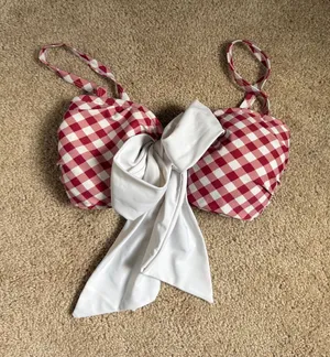 Unique Vintage Red & White Gingham Retro Bikini Top With Large White Bow thumbnail 1