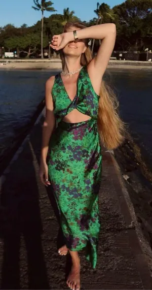 Zara maxi floral satin dress wedding evening party Floral Green Cutout Dress thumbnail 2