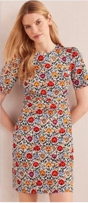 Boden Floral Shift Dress Womens 6L White Red Retro Mod Cotton Enchanted thumbnail 1