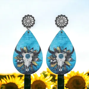Handmade Wooden double sided western‎ style retro bullhead waterdrop dangle earrings thumbnail 8