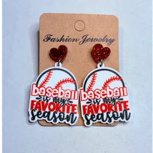 Baseball Favorite Season Earrings‎ Women OS Red White Glitter Heart Drop New thumbnail 3