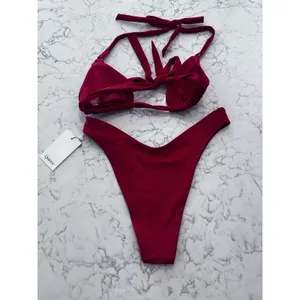 NEW Quince Cherry Red Italian Full Coverage Ring Triangle Bikini Top & Bottom M thumbnail 2