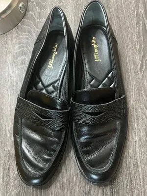 J.McLaughlin Black Leather Penny Loafers with Crinkle Strap Detail Size 9 thumbnail 1