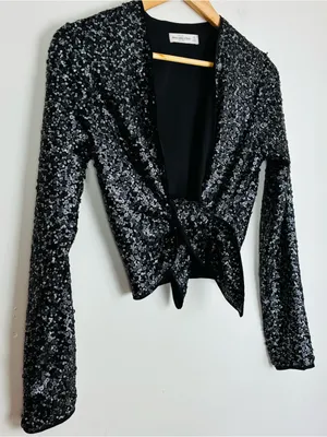 Abercrombie & Fitch black sequin tie front long sleeve crop top or jacket. XS thumbnail 3