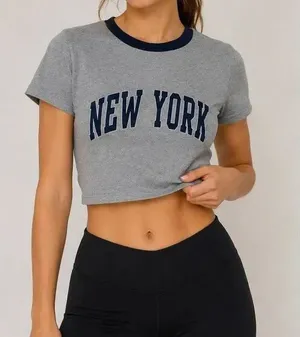 Brandy Melville New York Graphic Baby Tee Gray Ringer Crop Top One Size thumbnail 1
