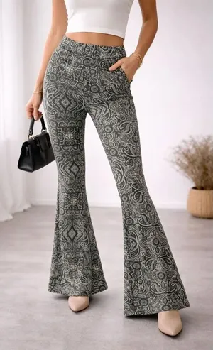 Abercrombie & Fitch Paisley Flare Pants Gray Green Boho Bell Bottom Women’s Larg thumbnail 1