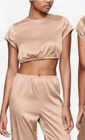 Skims Woven Shine Stretch Satin Crop Top Pink Sand Size Small thumbnail 1