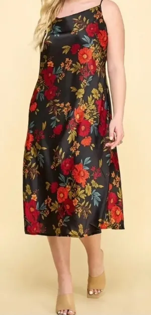 Sara Michelle Floral Satin Cowl Neck Midi Slip Dress Black Red Wedding Guest‎ LG thumbnail 1