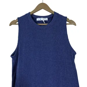 Grace Sleeveless Ribbed Striped Midi Column Dress Navy Blue Minimalist Size L thumbnail 3