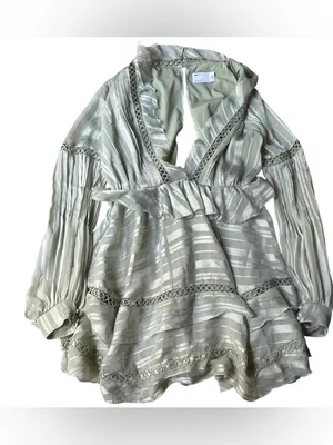 ASOS Light Sage Striped Ruffle V-Neck long sleeve dress thumbnail 2