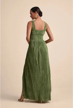 Ameena Olive Green Plisse Square Neck Sash Maxi Dress thumbnail 2