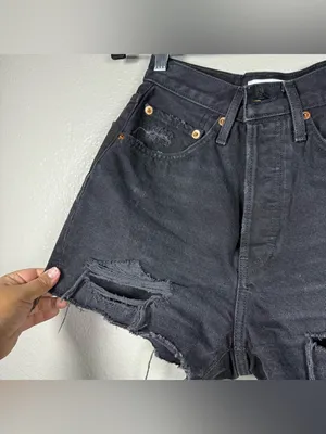 Re/Done Black High-Rise Distressed Denim Cutoff Shorts SZ:25 thumbnail 7