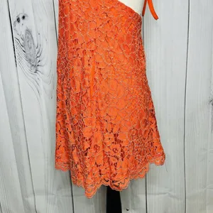 NBD Revolve Lace Overlay Floral Halter Dress Sz S Orange Mini A-Line Ribbon Tie thumbnail 7
