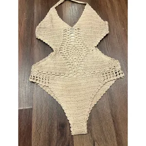 Lulus Beige Crochet Cutout Bodysuit One Piece Swim Coverup Festival Boho Medium thumbnail 6