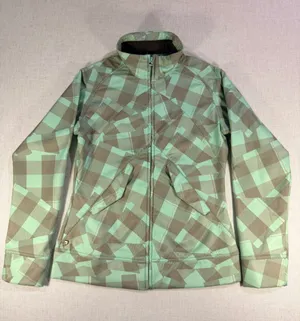Salomon Women’s Fleece Lined Softshell Ski Jacket Geometric Plaid Mint Brown M thumbnail 1