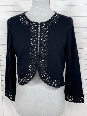 Vintage Lilly Pulitzer Embroidered Pearl Bead Crop Cardigan Sweater Black Medium thumbnail 1