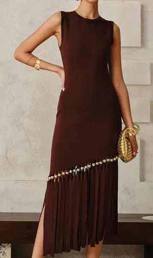 Commense Asymmetric Fringe Metal Bead Detail Maxi Dress size medium thumbnail 1