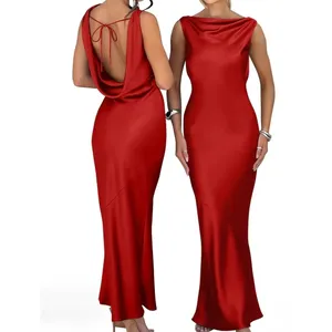 Oysho NWOT Size Large Red Maxi Dress Satin Sleeveless High Neck Tie Cocktail Party thumbnail 2