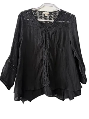 Style & Co Black Boho Gauze Blouse Lace Crochet Trim 3/4 Sleeve Medium thumbnail 1