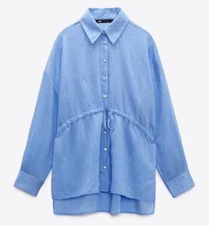 Zara Wrinkled Drawstring Waist Striped Shirt 4387/042/044 Blue White Size XL thumbnail 5