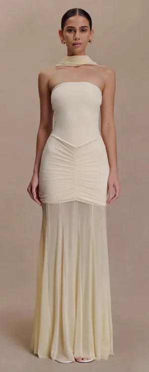 Meshki Cream Strapless Dress with Mesh Overlay thumbnail 2