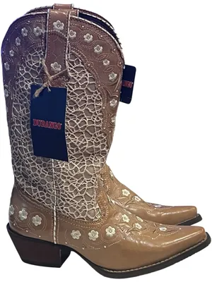 Durango cowboy boots tan leather white lace-like shaft floral thumbnail 2