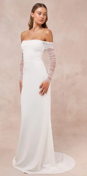 NWT Lulus Beautifully Beloved White Mesh Off-the-Shoulder Maxi Dress Bridal L thumbnail 1